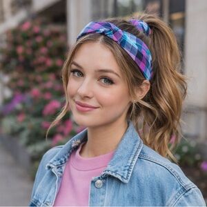 🌸 Claire’s Teal & Pink Plaid Twist Headband — NWT